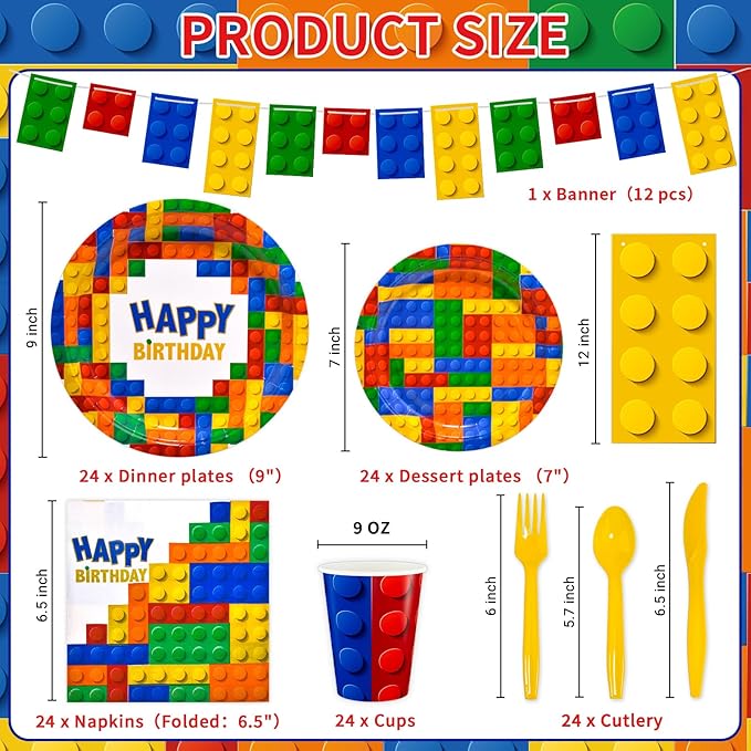 Dylives 180 Pcs Building Block Party Supplies - Birthday Party Decorations Kids Boys Disposable Tableware, Colorful Block Banner, 9" & 7" Plates Napkins Cups Cutlery, Serves 24