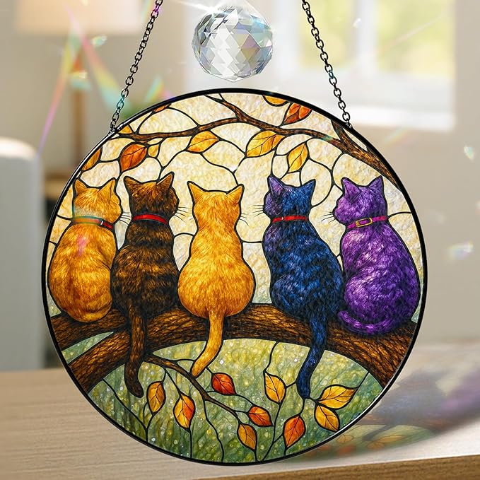 Cat Stained Glass Suncatcher Window Hanging, 5 Cats on Branch Sun Catcher Ornament, Father's Day, Mother's Day, Birthday Gifts for Women, Cat Mom, Pet Lovers, Nature Lovers, Autumn Leaves Decor
