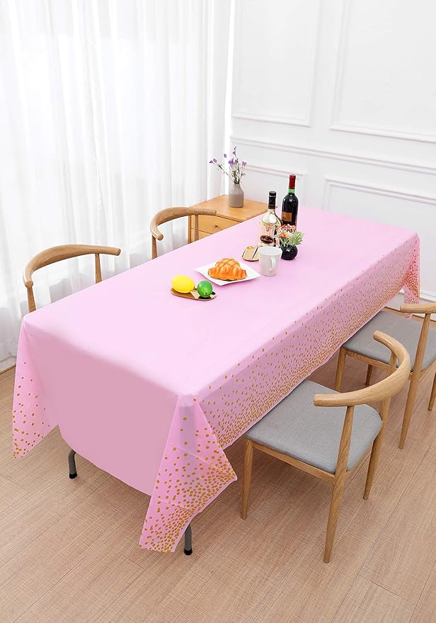Pink and Gold Disposable Party Tablecloth for Rectangle Table, Gold Stamping Dot Confetti Rectangular Plastic Table Cover, for Bachelorette, Girl Birthday and Baby Shower, Wedding 108"x54" 2 Packs