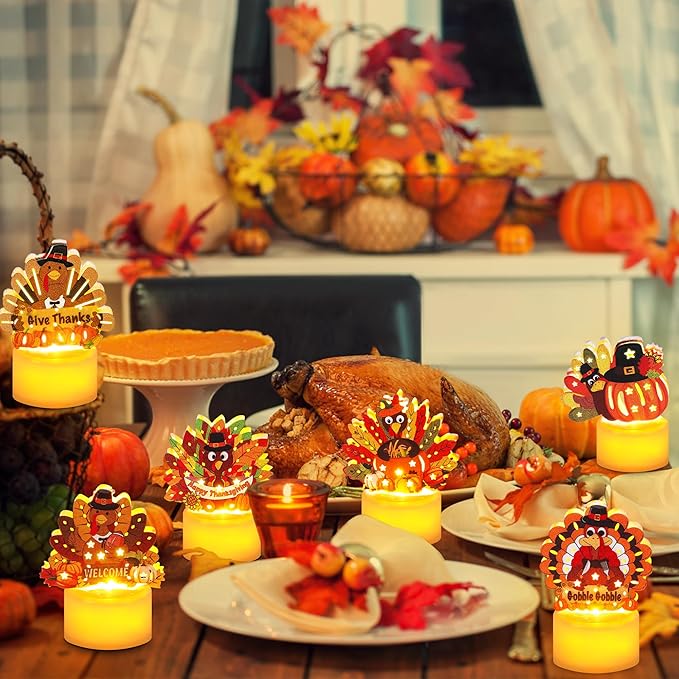 6 PCS Thanksgiving Table Decorations Turkey LED Flameless Candles Battery Operated Thanksgiving Turkey Tea Lights Small Candles Thanksgiving Decorations Turkey Centerpieces for Table Home Indoor Party