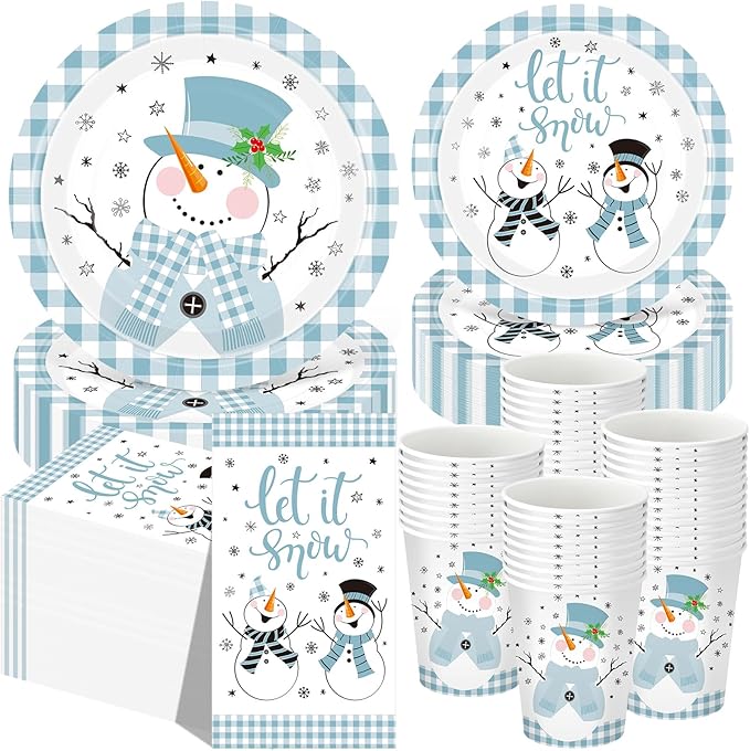 250 Pcs Christmas Snowman Paper Plates and Napkins Party Supplies Blue White Buffalo Plaid Winter Disposable Tableware Set for Christmas Winter Holiday Xmas Party Decoration