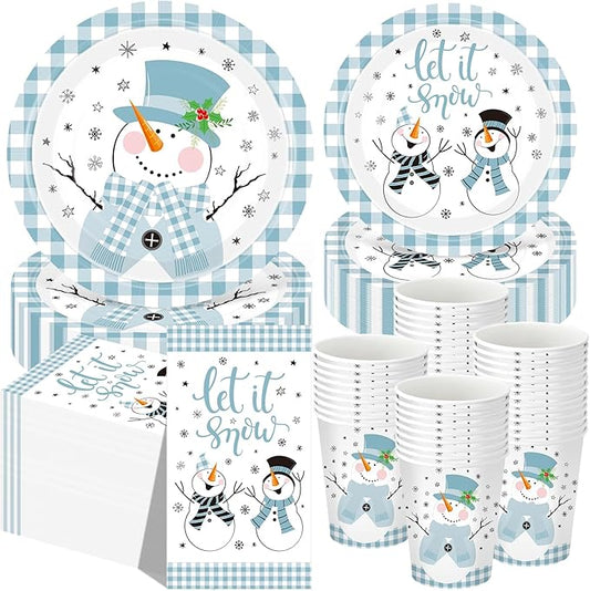 250 Pcs Christmas Snowman Paper Plates and Napkins Party Supplies Blue White Buffalo Plaid Winter Disposable Tableware Set for Christmas Winter Holiday Xmas Party Decoration