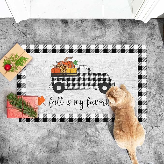 InterestPrint Thanksgiving Welcome Doormat, Fall Truck Harvest Pumpkin Doormat for Front Door Outdoor Outside Entrance Porch Non Slip Rubber Rug Autumn Thanksgiving Farmhouse Decor, 24"x16"inch