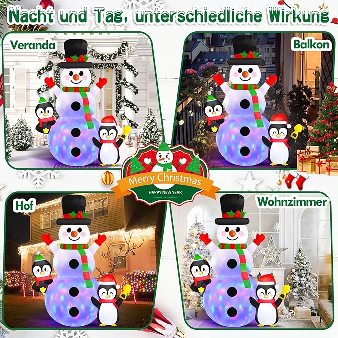 Danxilu 6FT Christmas Inflatable Snowman with Penguins Built-in Rotating Colorful LED Lights Outdoor Decorations- Blow Up Snowman and 2 Penguins Decor for Yard Garden Lawn Porch Xmas Holiday Party