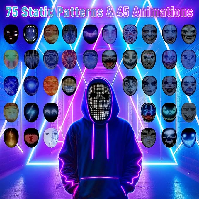 Led Mask Costume with APP Controlled, Led Halloween Mask, Funny Light Up Halloween Face Mask for Christmas Birthday Cosplay Party, Glow Up Mask for Kids Men Women