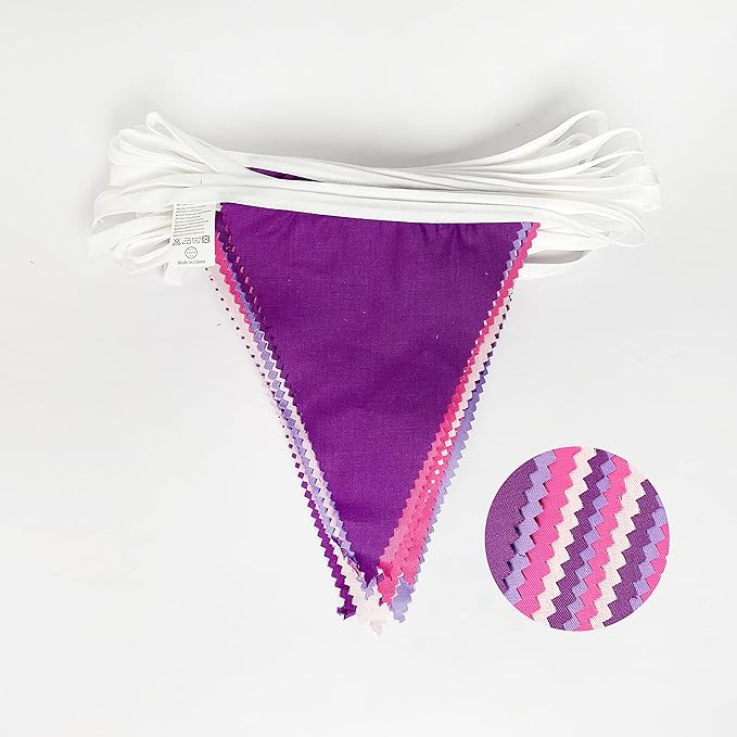 10M/32Ft Rose Pink Purple White Pennant Banner Fabric Triangle Flag Bunting Garland for Baby Shower Birthday Wedding Anniversary Party Home Nursery Outdoor Garden Hanging Festivals Decorations