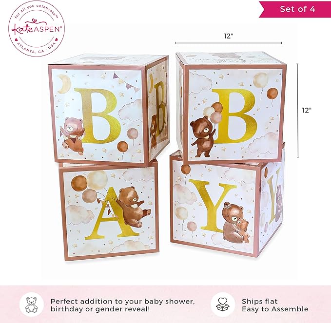 Kate Aspen We Can Bearly Wait Baby Shower Decorations, Baby Boxes with Letters for Baby Shower, Gender Reveal Decor Photo Prop & Forest Animal Nursery Decor (Set of 4 Blocks Spells B-A-B-Y)