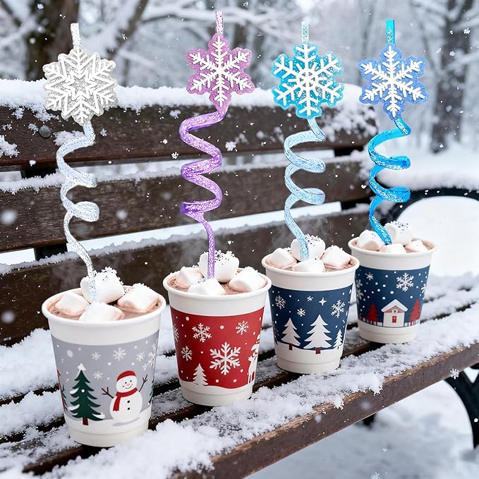 LEDUO Reusable Frozen Drinking Straws-24Pcs Glitter Snowflake Plastic Straw Party Favors-Frozen Party Decoration -Winter Snow Birthday Party Decor Supplies-Christmas Goodie Bag Stuffer Classroom Prize