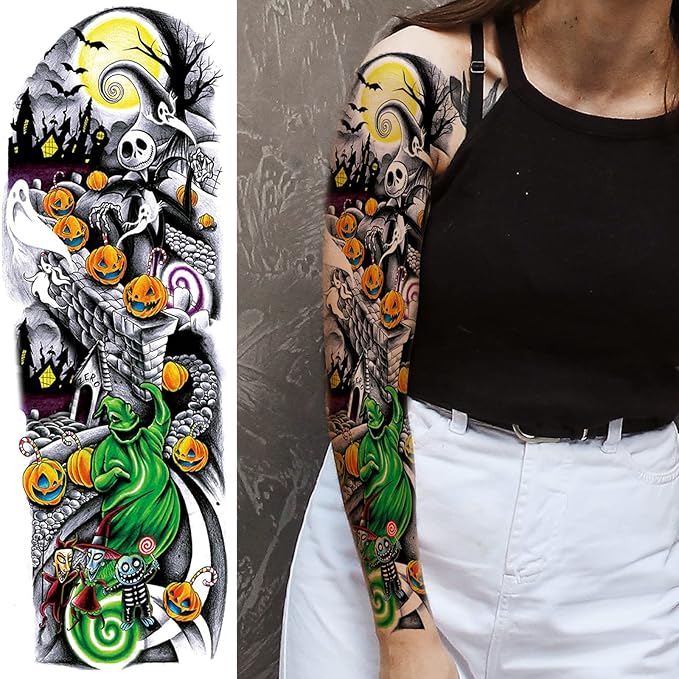 Colorful Temporary Tattoo Sleeve for Kid, 4-Sheet Full Arm Watercolor Realistic Fake Sleeve Tattoo Sticker Halloween and 4-Sheet Large Skull Joker Half Temp Tatoo Boy Girl Leg Party Favor Body Art