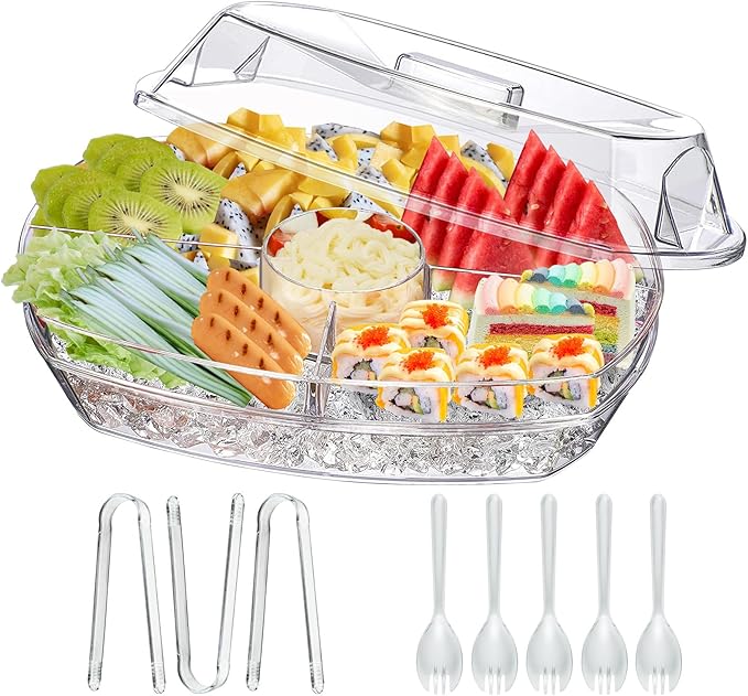 Ice Chilled Party Platter, 15 Inch Clear Veggie Fruit Trays with Lid and Dip, Cold Food Serving Trays for Parties, Charcuterie Boards with Ice Tray on Bottom