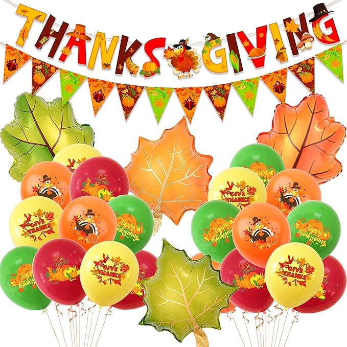 Thanks Giving Banners Large Maple Leaves Foil Balloons, Turkey Pumpkin Bunting Banners Latex Fall Balloons for Thanksgiving Day Party Decorations