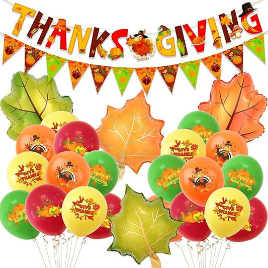 Thanks Giving Banners Large Maple Leaves Foil Balloons, Turkey Pumpkin Bunting Banners Latex Fall Balloons for Thanksgiving Day Party Decorations