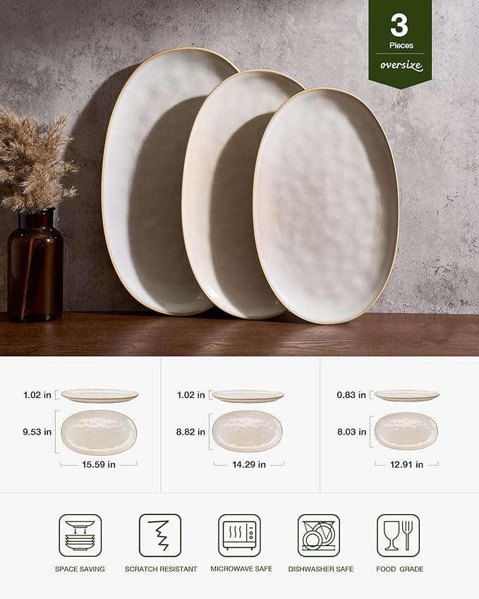 famiware Serving Platter, Oval 15.59/14.3/12.9 inch Serving Dishes for Entertaining, Serving Bowls, Microwave Safe, Stonware Serving Trays for Party, Turkey, Cheese, Ocean Series, Cappuccino White