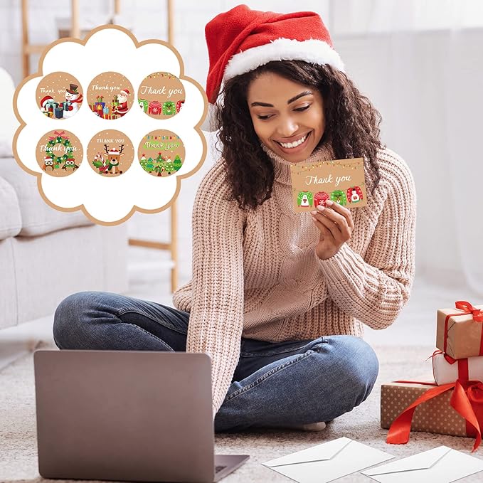 24Set Christmas Thank You Card with Envelopes and Stickers Xmas Greeting Cards Gift Box Santa Christmas Tree Thank You Christmas Cards with Envelope Holiday Thank You Card for Xmas Holiday (Cute)