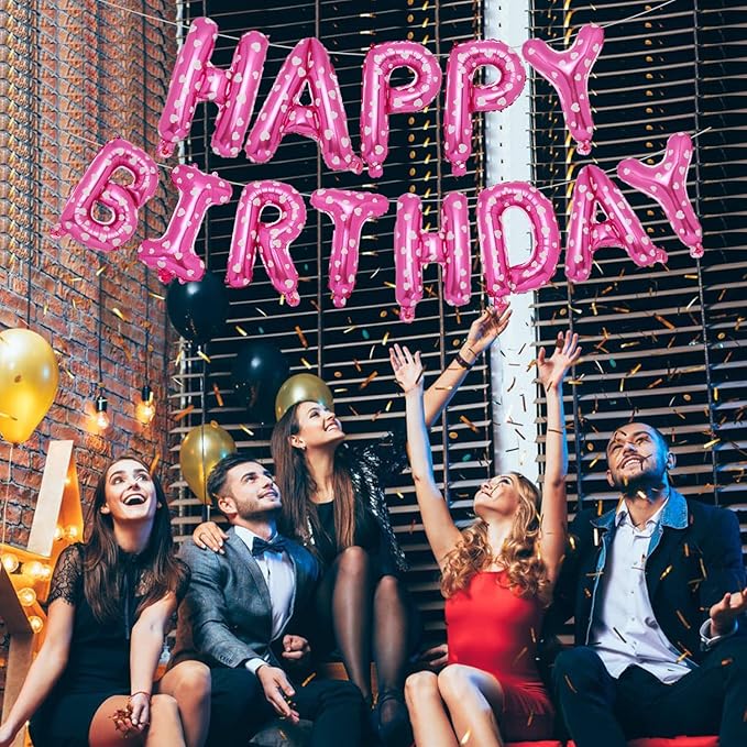 Accevo Pink Happy Birthday Banner,16 Inch Mylar Foil Letters Balloons Heart Pattern Balloons Happy Birthday Balloon for Kids, Child, Adults, Boys & Girls Birthday Party Decorations Happy Birthday Sign