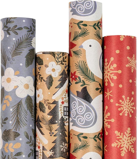 RUSPEPA Christmas Wrapping Paper, Kraft Paper - Dove, Snowflake, Flower, and House - 4 Rolls - 30 inches x 10 feet per Roll