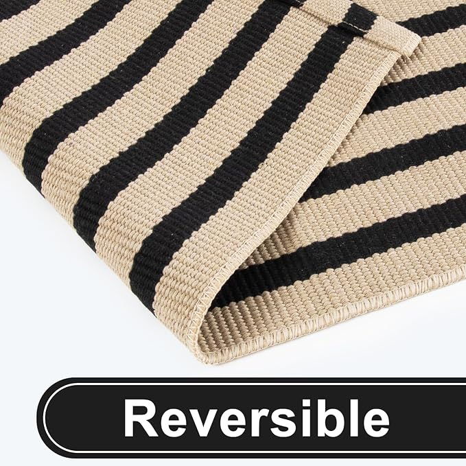 KIMODE Fall Front Door Mats 24"x35", Washable Halloween Porch Decor, Farmhouse Striped Layered Doormat Outdoor, Black and Khaki Cotton Woven Autumn Rugs for Entryway Kitchen Thanksgiving