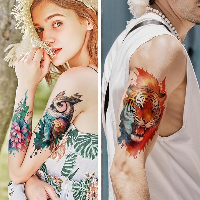 77 Sheets Flower Lion Tiger Temporary Tattoo for Women Men, 17 Sheets Half Arm Large Cat Owl Parrot Fake Tattoos, 60 Sheets Snake Wolf Feather Tiny for Adult Kids Body Tattoos Stickers Realistic