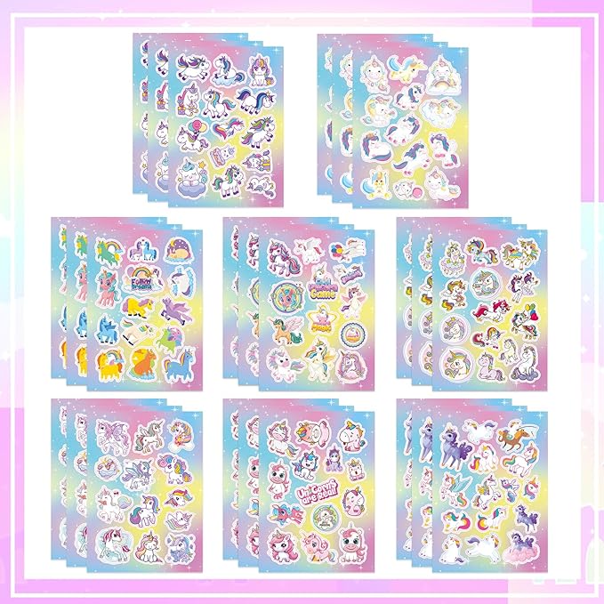 24 Sheets Unicorn Stickers for Kids, 330Pcs Rainbow Unicorn Stickers Bulk Preschool Sticker Sheets for Reward Craft Scrapbooking Water Bottles Gifts Bags Cards Envelopes Party Favors Supplies