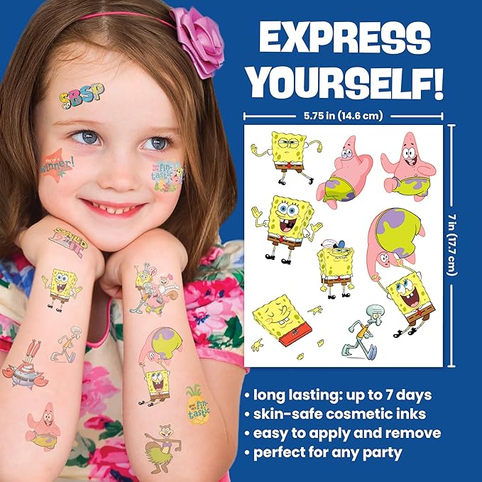 Savvi - 50 SpongeBob Temporary Tattoos: Skin-Safe Ink, Great for Birthday Parties, Gifts for Boys and Girls Ages 4-12+, Made in the USA [6 sheets, 50 count]
