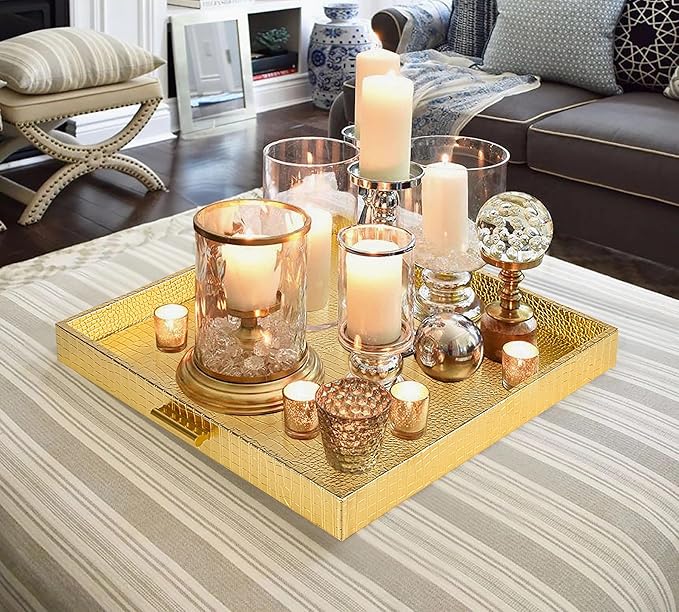 HofferRuffer Elegant Decorative Serving Tray, 20"x20" Square Faux Leather Ottoman Tray with Gold Hardware Handles, Coffee Table Serve Tea, Coffee or Breakfast (Gold, Square-20 inch)