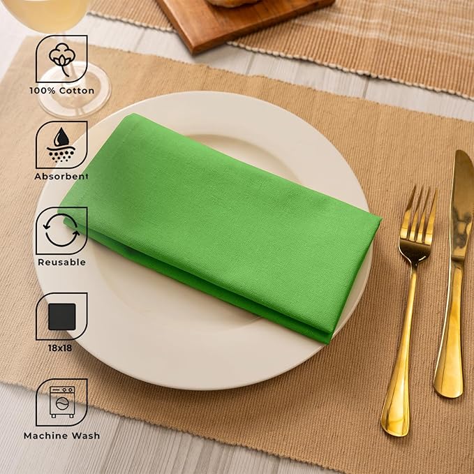 Blue Needles Solid Cloth Napkins Set of 12 Apple Green 100% Cotton Dinner Napkins 18x18 inches, Soft, Reusable, Absorbent, Washable Linen, Ideal for Fall Thanksgiving Events, Parties & Everyday Use