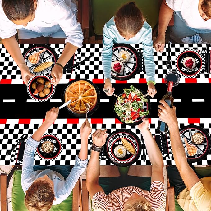 WNINK 4 PCS Racing Car Theme Tablecloths Car Disposable Plastic Tablecloths Black Checkered Flag Table Covers Racetrack Rectangular Tablecloth for Race Car Birthday Party Decorations, 54 x 108 Inch