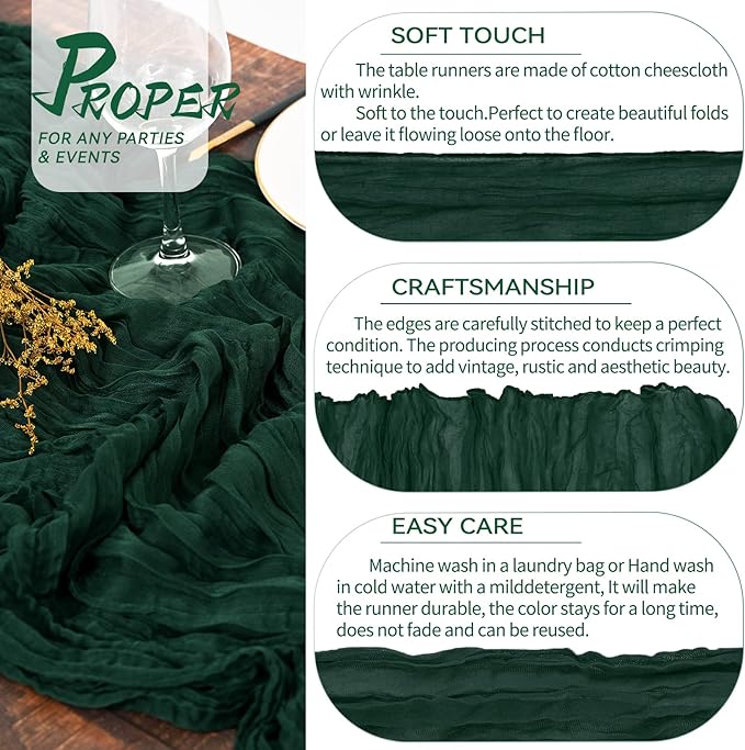 10 Packs Cheesecloth Table Runner Emerald Green, 10Ft x 35" Dark Green Rustic Gauze Boho Wedding Table Runner Decoration, Wedding Table Decor Table Cloth for Wedding Party Bridal Shower Table