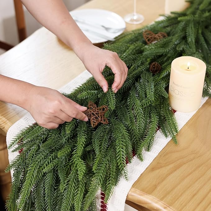 Christmas Norfolk Pine Garlands - 6ft Artificial Garland Faux Green Fake Pine Needles Garland for Fireplace,Table,Window,Stairs,Mante,Holiday Indoor Outdoor Xmas Decor(2PCS)