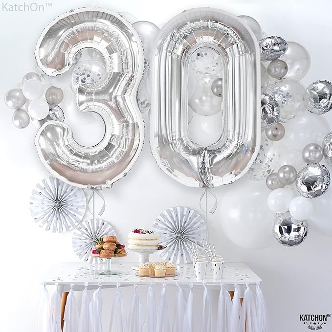 KatchOn, Silver 30 Balloon Numbers - 40 Inch | 30 Number Balloons | 30th Birthday Decorations for Her, Him | 30th Anniversary Decorations | Silver Birthday Decorations