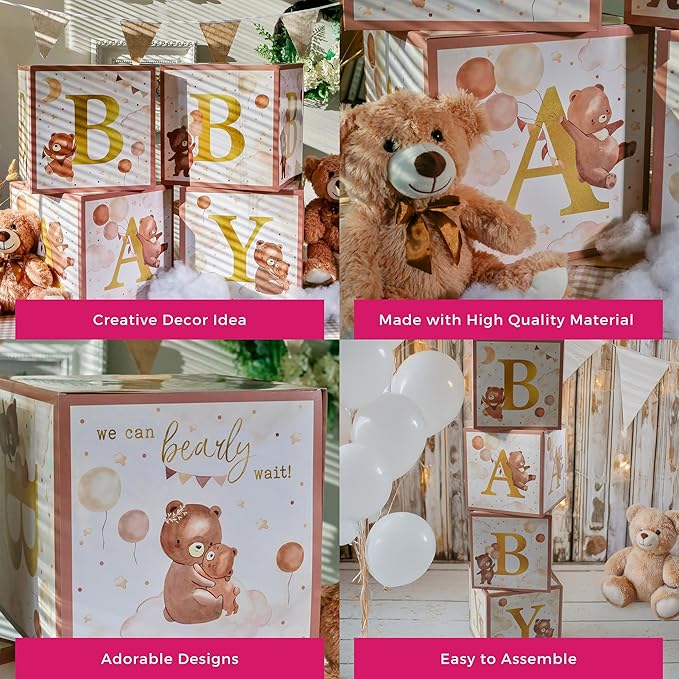 Kate Aspen We Can Bearly Wait Baby Shower Decorations, Baby Boxes with Letters for Baby Shower, Gender Reveal Decor Photo Prop & Forest Animal Nursery Decor (Set of 4 Blocks Spells B-A-B-Y)