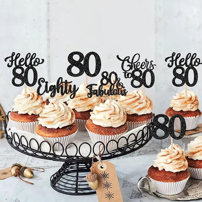 30PCS Happy 80th Birthday Cupcake Toppers Glitter Eighty Cheers to 80 Years Old Birthday Cupcake Picks Hello 80 Fabulous Cake Decorations for Happy 80th Birthday Anniversary Party Supplies Black