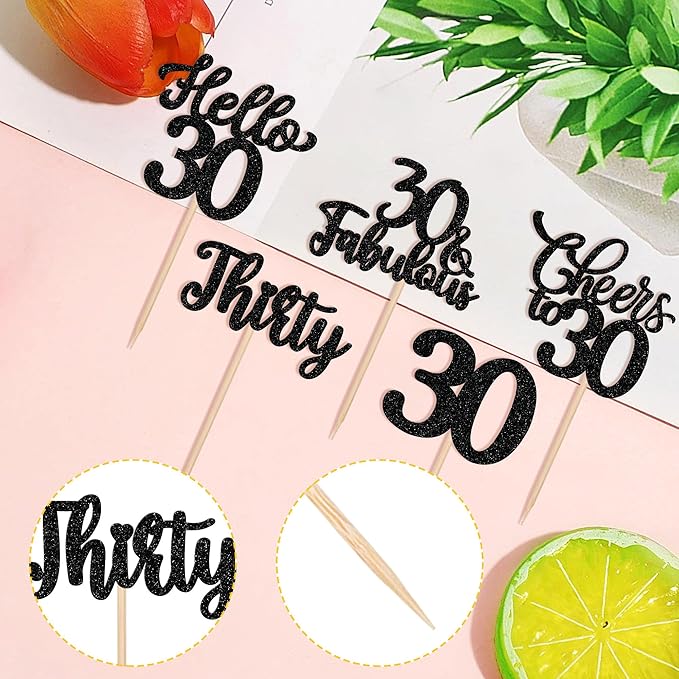 30PCS Happy 30th Birthday Cupcake Toppers Glitter Thirty Cheers to 30 Years Old Birthday Cupcake Picks Hello 30 Fabulous Cake Decorations for Happy 30th Birthday Anniversary Party Supplies Black