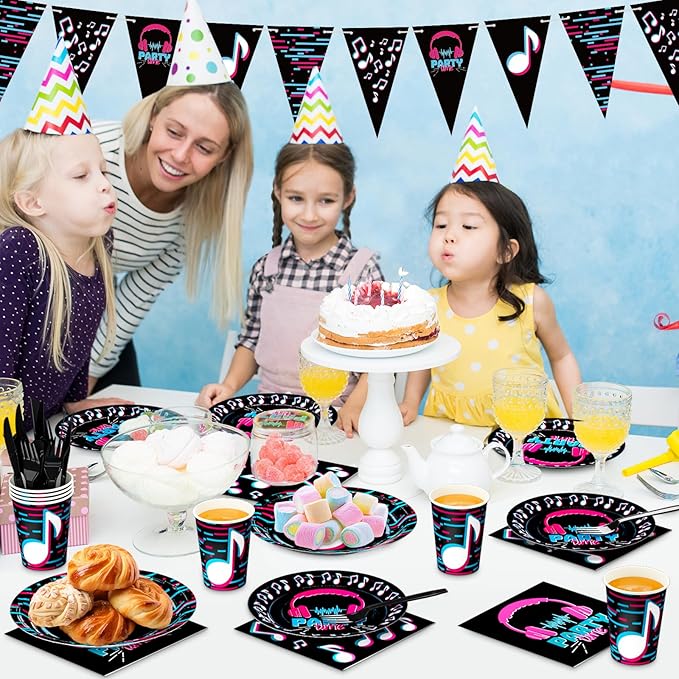 DYLIVeS 180 Pcs Music Party Supplies - Music Theme Birthday Party Decorations for Girls - Banner, Plates, Cups, Napkins, Cutlery (Serves 24)