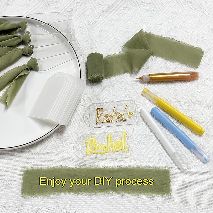 10Pcs Acrylic Place Card for Wedding Clear Transparent Acrylic DIY Table Seating Cards Wedding Supplies with Green Ribbon