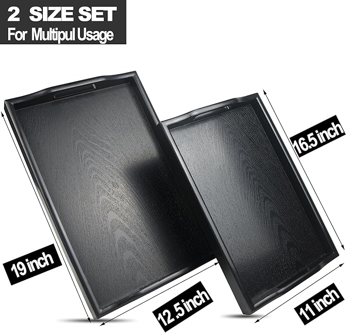 Large Black Plastic Serving Tray with Handles, Set of 2, 19+16.5'', Dishwasher Safe, Stylish, Sturdy, Shatterproof, Napkin and Cleaning Clothes Included