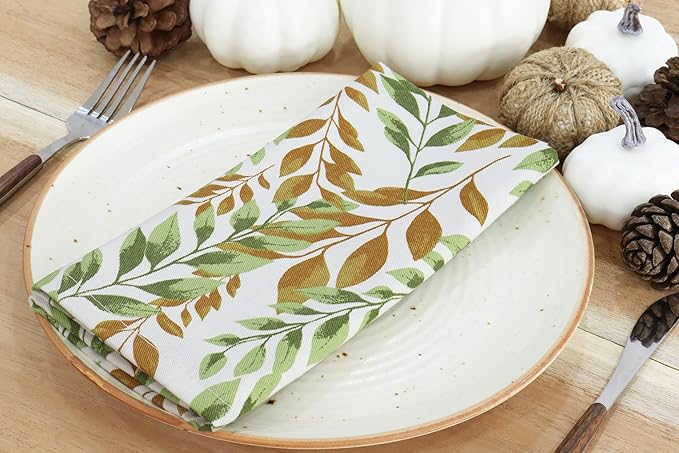 PurpleEssences Fall Harvest Decor Thanksgiving Napkins, 18x18 Fall Cloth Napkins Set of 6, 100% Cotton Autumn Fall Leaves Dinner Napkins for Farmhouse Kitchen, Sage N Autumn