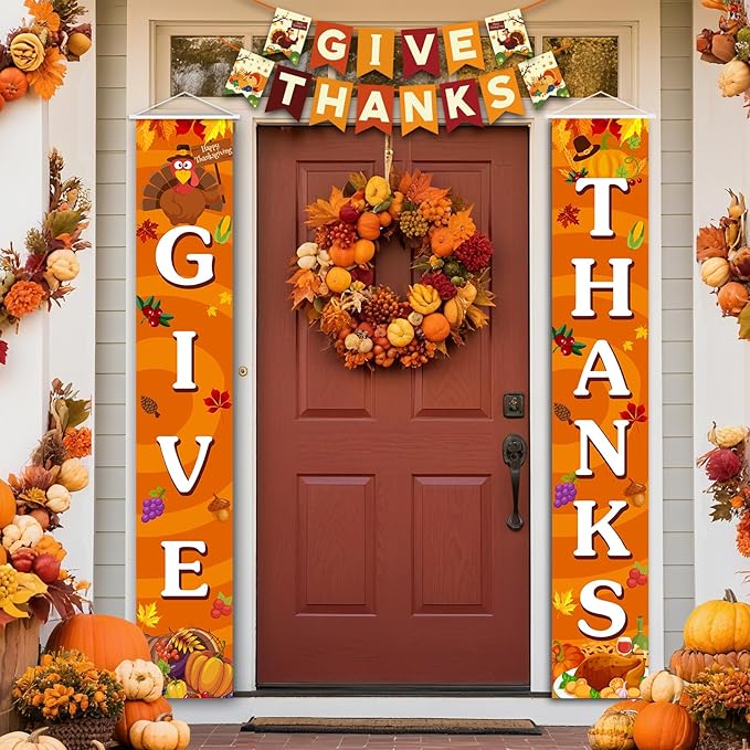 Thanksgiving Decorations Pre-Assembled GIVE THANKS Banner Hanging Swirls Porch Door Sign for Fall friendsgiving Party Home Office Classroom School Indoor outdoor Decor