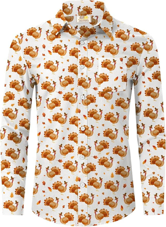 Arvilhill Men's Thanksgiving Long Sleeve Shirt Turkey Pattern Button Down Shirts Family Gathering Fall Festival Wear (S-3XL)