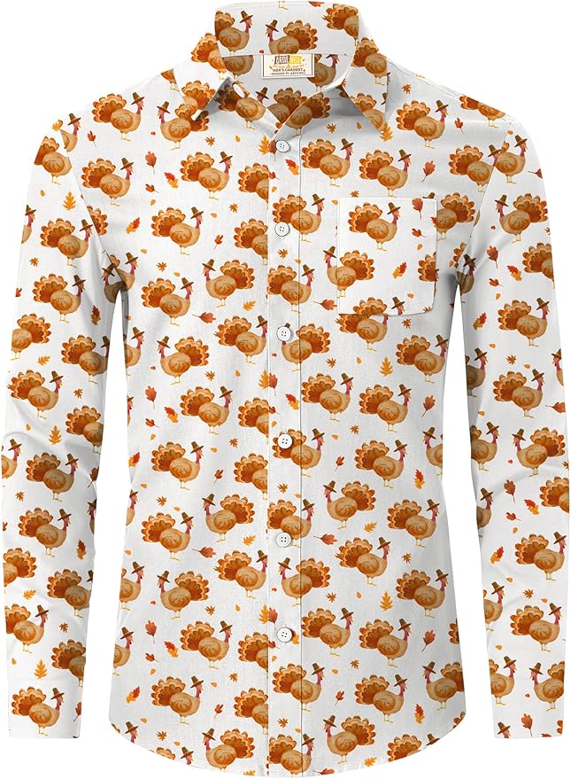Arvilhill Men's Thanksgiving Long Sleeve Shirt Turkey Pattern Button Down Shirts Family Gathering Fall Festival Wear (S-3XL)