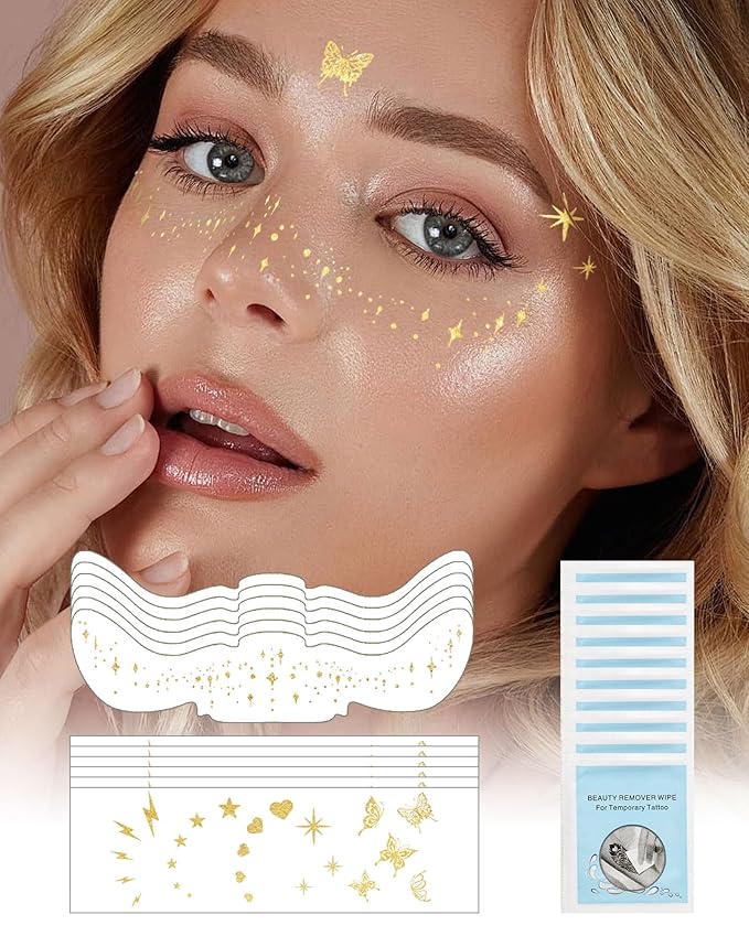 Glitter Freckles Face Tattoo Patches - 12PCS Temporary Sparkle Face Stickers with 10 Remover Wipes | Waterproof Festival Rave Party Makeup Accessories for Women Girls (Gold)