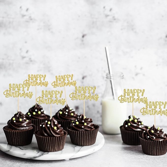 Gyufise 24 Pcs Happy Birthday Cupcake Toppers - Gold Glitter Celebrating Cake Picks - Baby Shower & Kids Party Decoration Supplies