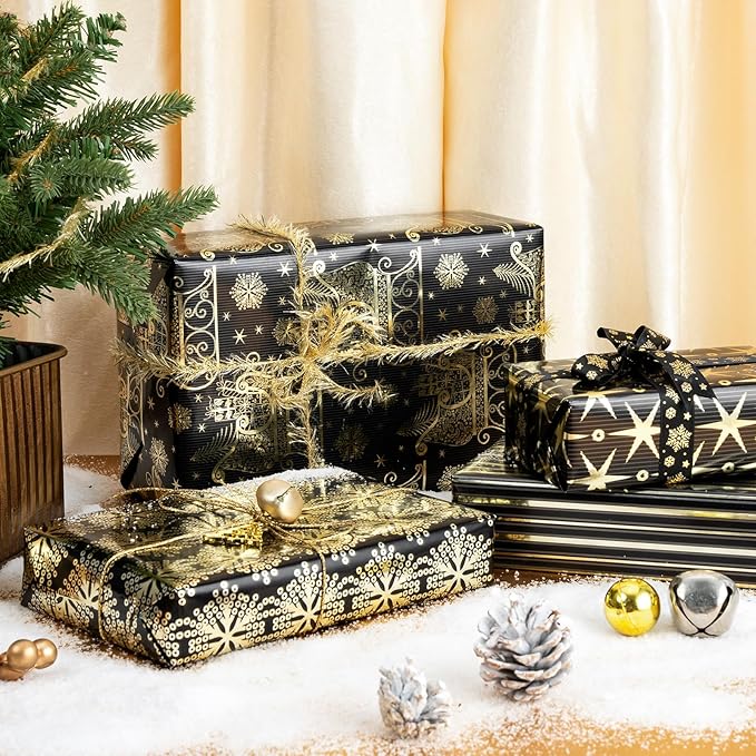 WRAPAHOLIC 30 Inch Christmas Wrapping Paper Roll - Jumbo Roll Black Gold Christmas Sleigh Holiday Design with Metallic Foil Shine - 4 Rolls - 30 Inch x 120 Inch Per Roll