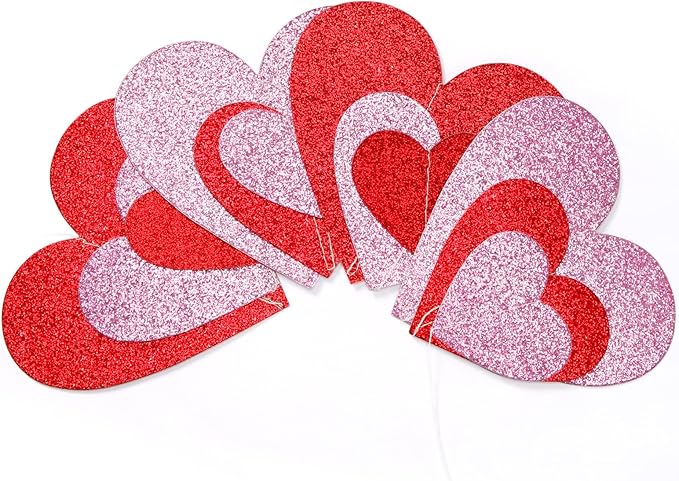 Galentines Party-Decorations Heart Garland - 6pcs Glitter Pink Red Love Hanging Streamers,Romantic Special Night Baby Shower Wedding Anniversary Ceiling Banner Backdrop Decor Burgleda