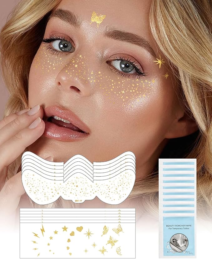 Glitter Freckles Face Tattoo Patches - 12PCS Temporary Sparkle Face Stickers with 10 Remover Wipes | Waterproof Festival Rave Party Makeup Accessories for Women Girls (Gold)