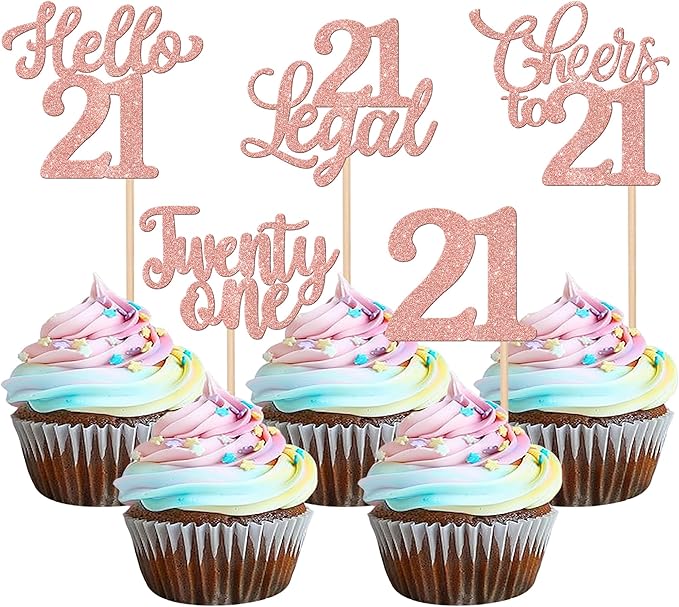 30PCS Happy 21st Birthday Cupcake Toppers Glitter Twenty One Legal 21 Hello 21 Cupcake Picks Cheers to 21 Birthday Decorations for 21st Birthday Anniversary Party Cake Decoration Supplies Rose Gold