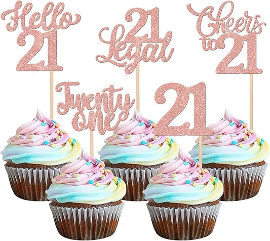 30PCS Happy 21st Birthday Cupcake Toppers Glitter Twenty One Legal 21 Hello 21 Cupcake Picks Cheers to 21 Birthday Decorations for 21st Birthday Anniversary Party Cake Decoration Supplies Rose Gold