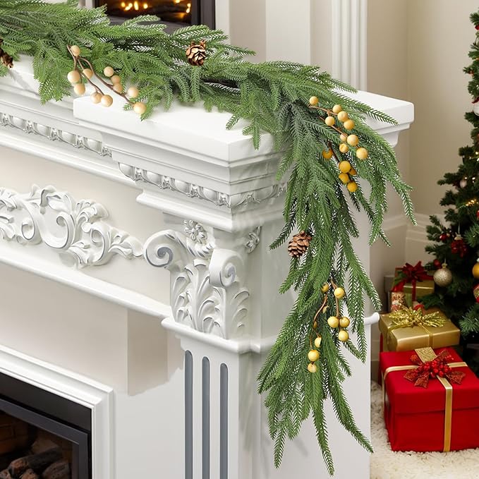 Velasko 6 FT Norfolk Pine Garland, Christmas Green Artificial Real Touch Cedar Garland, Faux Cedar with Lights, for Table, Wall, Fireplace Indoor Outdoor Decor