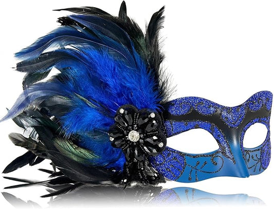 2025 New Blue and Black Masquerade Mask for Women with Feathers - Womens Mascarade Venetian Mask for Masquerade Party, Mardi Gras, Halloween Cosplay Prom, Christmas