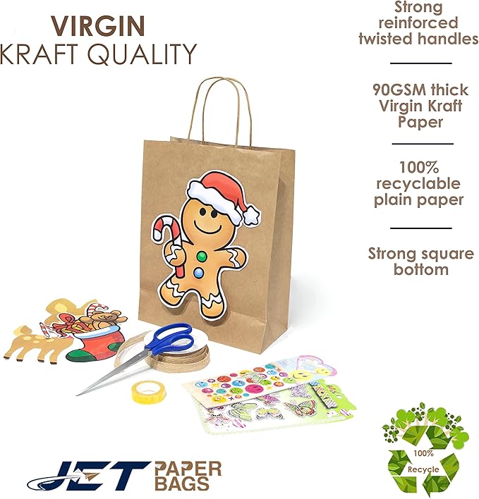 JET PAPER BAGS - 8”x4”x9” Inch [250 Pcs] Brown Paper Bags with Handles Prime for Takeout, Grocery, Goody, Retail, Party, Gifts, Weddings - Recyclable Kraft Paper Gift Bags with Handles